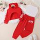 Girls' Red Hooded Cropped Sweatshirt with Matching Red Pants and White Camisole Three - piece Set
