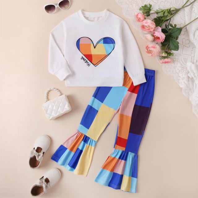 Kids' Contrast - Color Heart Checkered Top & Flared Pants Fashion Set