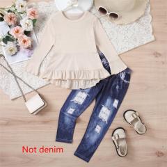 Girls' Gentle Ribbed Ruffle Bell - Sleeve Top with Imitation Denim Distressed Pants Set