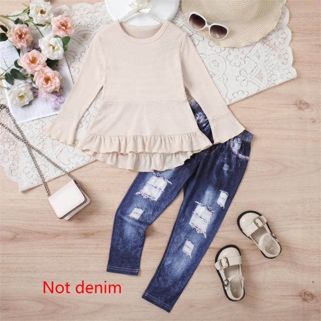 Girls' Gentle Ribbed Ruffle Bell - Sleeve Top with Imitation Denim Distressed Pants Set