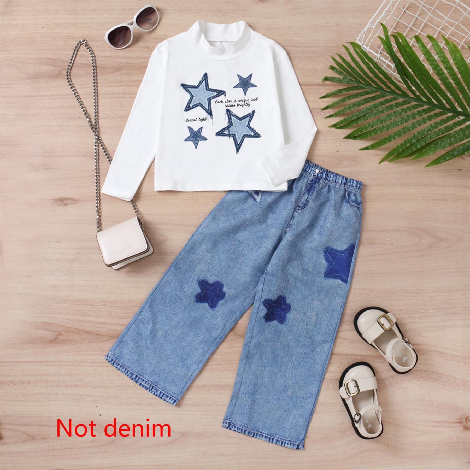 Girls' White Mock - Neck Star - Printed Top with Imitation Denim Star - Patterned Wide - Leg Pants Set