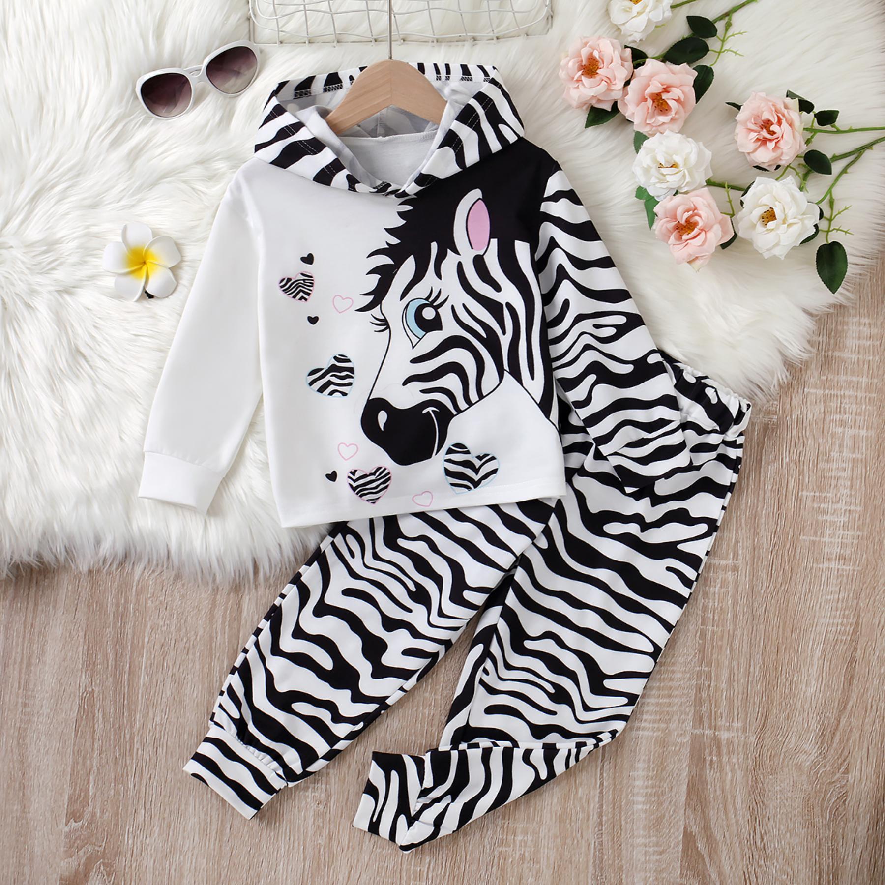 Girls' Zebra - Printed Hoodie + Zebra - Striped Cuffed Pants Cute Set