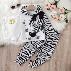 Girls' Zebra - Printed Hoodie + Zebra - Striped Cuffed Pants Cute Set