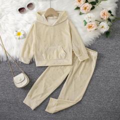 Girls' Light Gold Sequin Velvet Set: Hooded Top + Cuffed Pants, Gentle & Shiny～