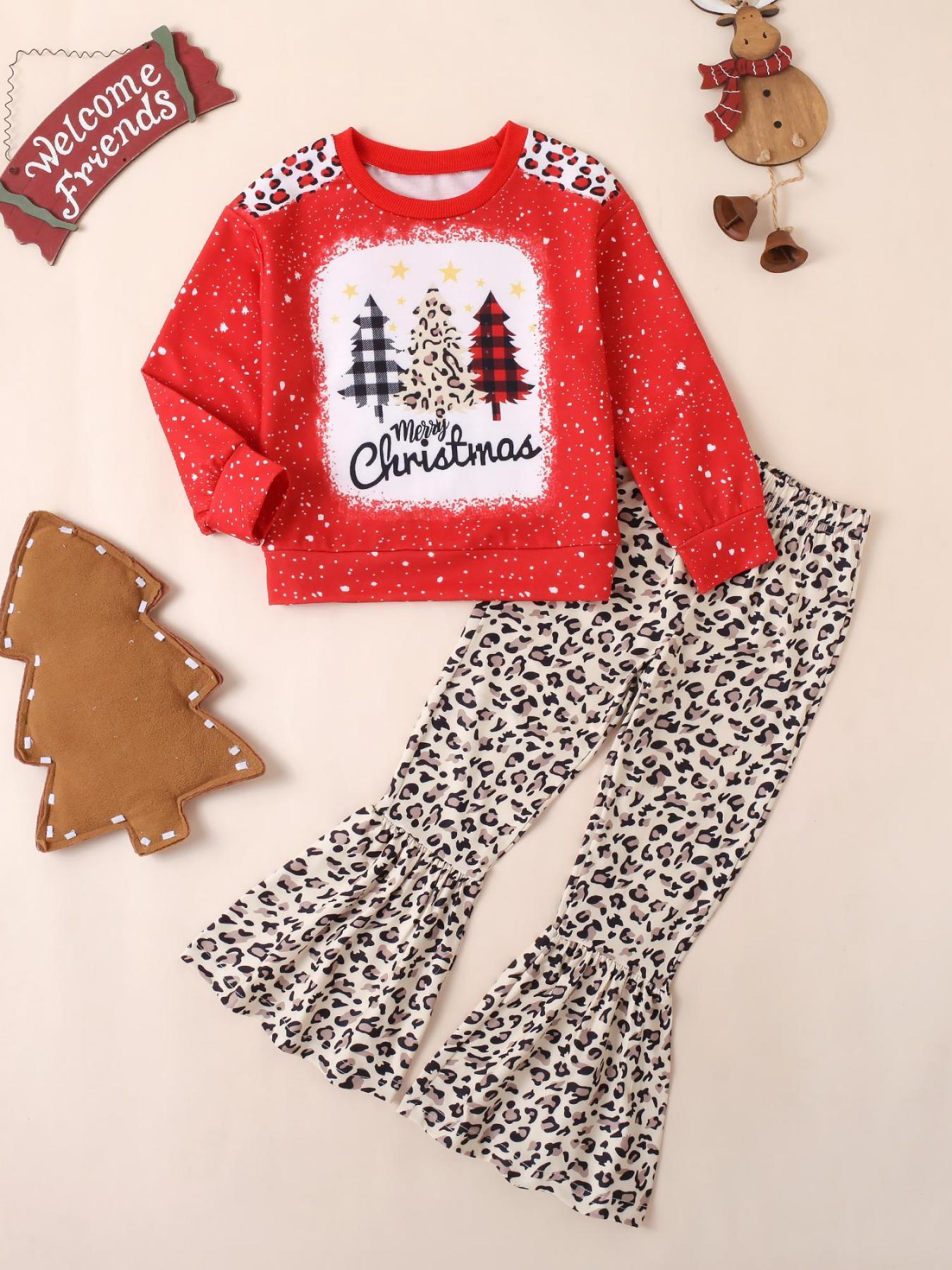 Children's Christmas - themed red top with leopard - print flared pants set