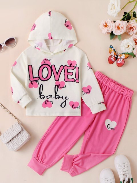 Kids' Hooded Top & Pink Pants Set with "LOVE! baby" & Heart Prints