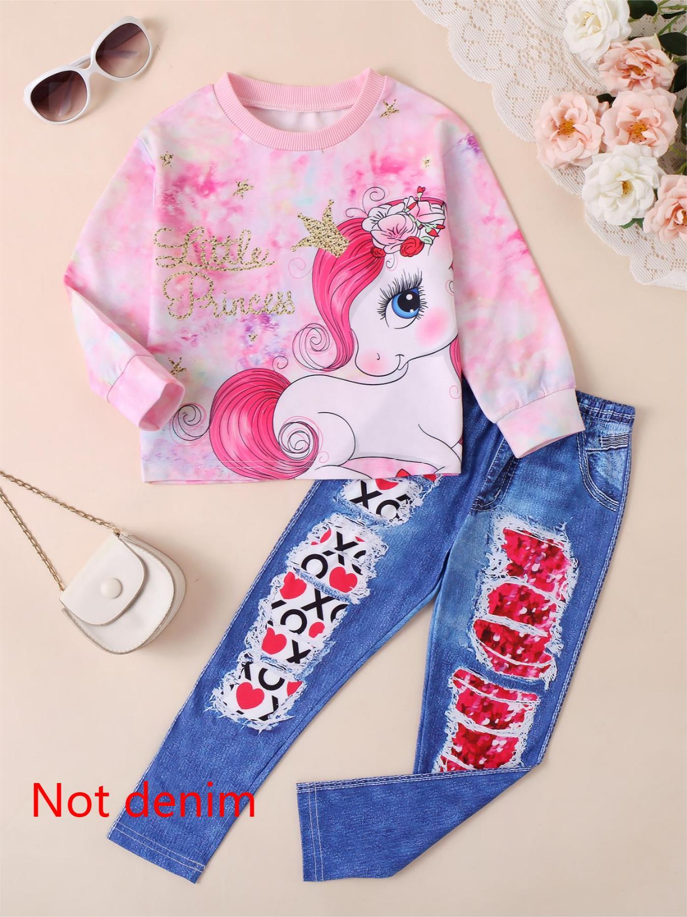 Girls' Dreamy Pony Tie - Dye Top with Heart - Decorated Pants Set
