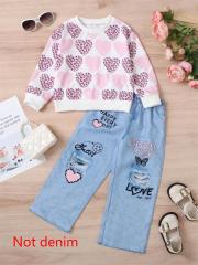 Kids' Two - piece Set: Heart - Print Top with Letter - Patterned Imitation Denim Pants