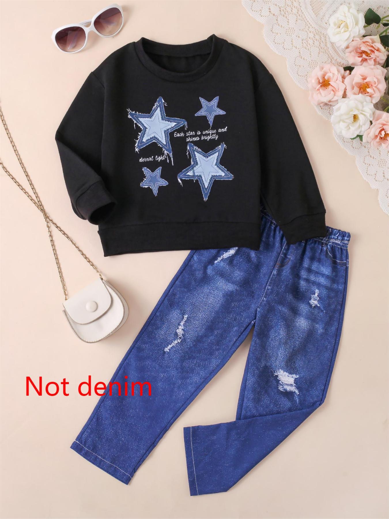 Girls' Black Star - Printed Top with Imitation Denim Distressed Pants Fashion Set