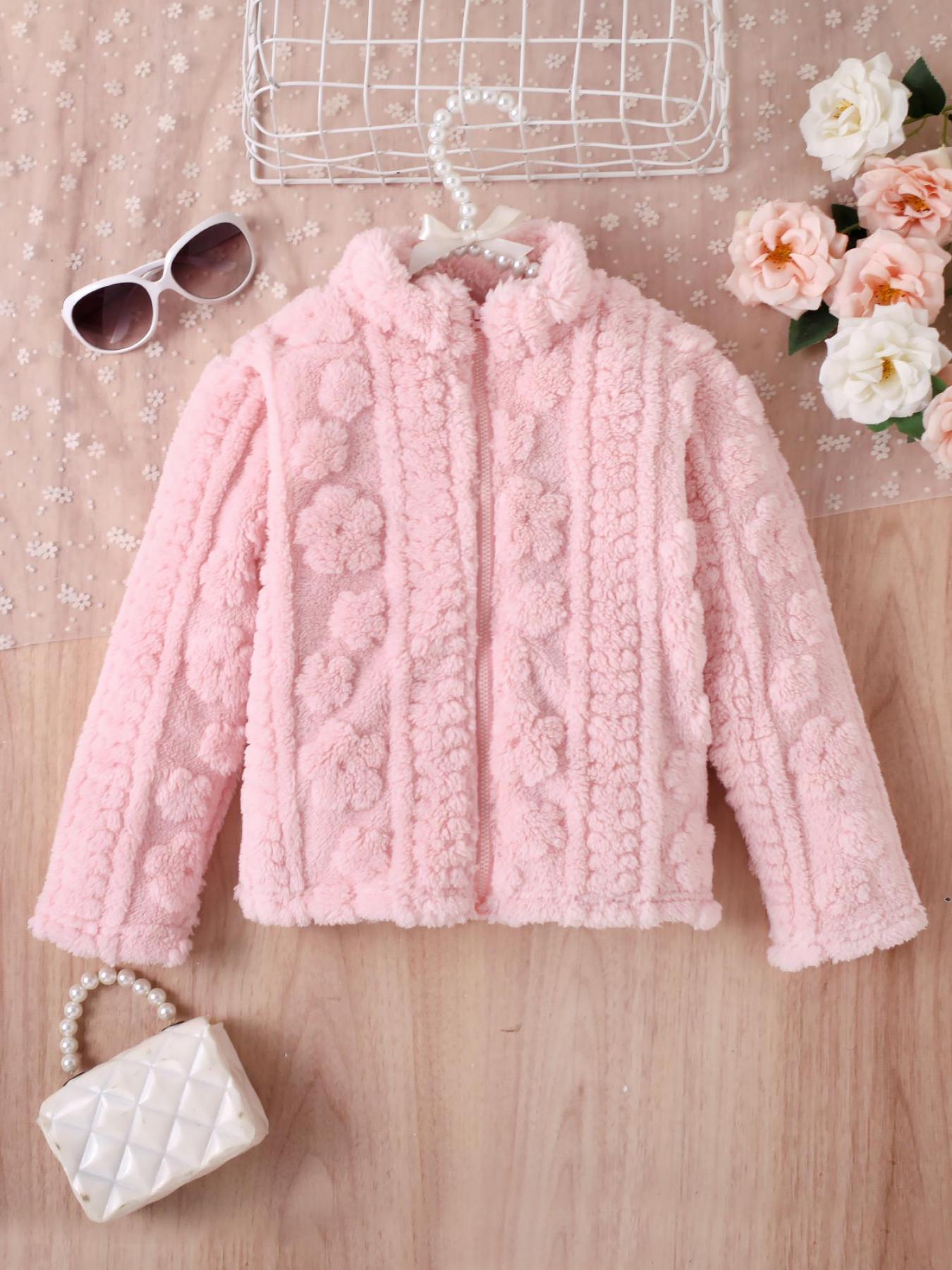 Girls' Sweet Pink Flower - Embossed Plush Stand - Collar Coat