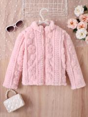 Girls' Sweet Pink Flower - Embossed Plush Stand - Collar Coat