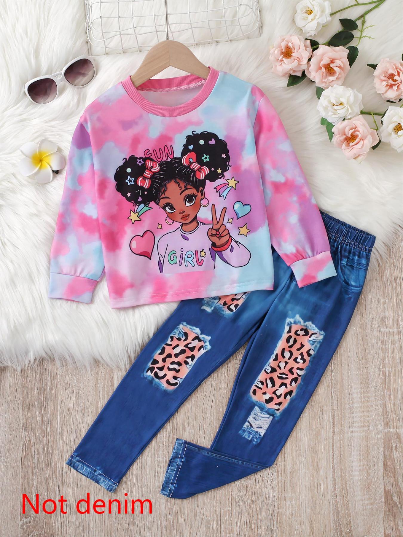 Girls' Cartoon Character Tie - Dye Hoodie with Leopard - Print Patched Jeans Se