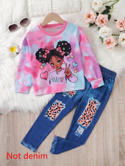 Girls' Cartoon Character Tie - Dye Hoodie with Leopard - Print Patched Jeans Se