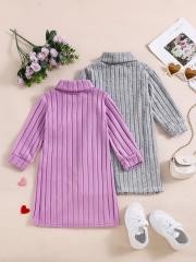 Girls' Turtleneck Ribbed Half - Sleeve Dress, Gentle Purple & Gray Knit Dresses