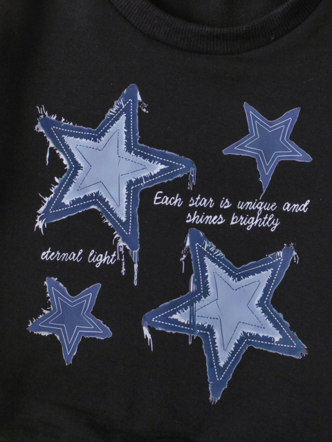 Girls' Black Star - Printed Top with Imitation Denim Distressed Pants Fashion Set