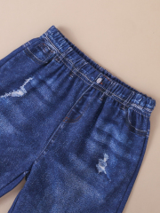 Girls' Black Star - Printed Top with Imitation Denim Distressed Pants Fashion Set
