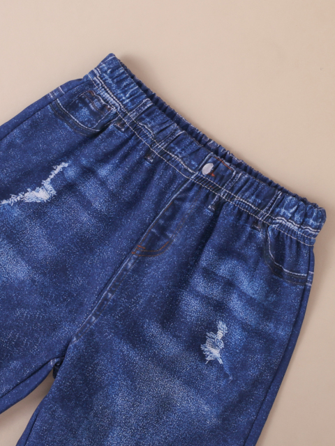 Girls' Black Star - Printed Top with Imitation Denim Distressed Pants Fashion Set