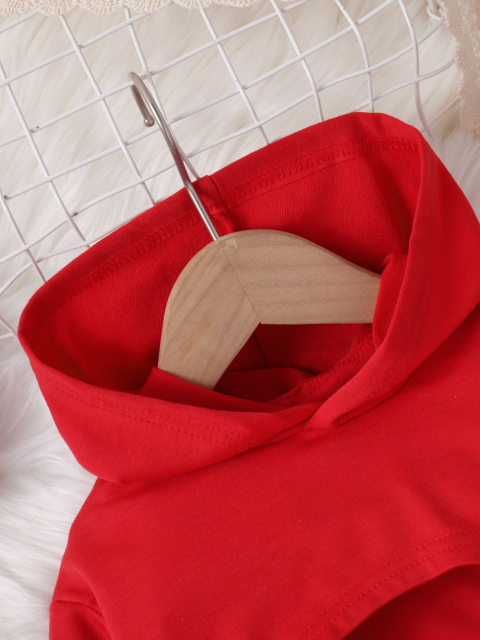 Girls' Red Hooded Cropped Sweatshirt with Matching Red Pants and White Camisole Three - piece Set
