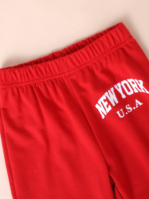 Girls' Red Hooded Cropped Sweatshirt with Matching Red Pants and White Camisole Three - piece Set