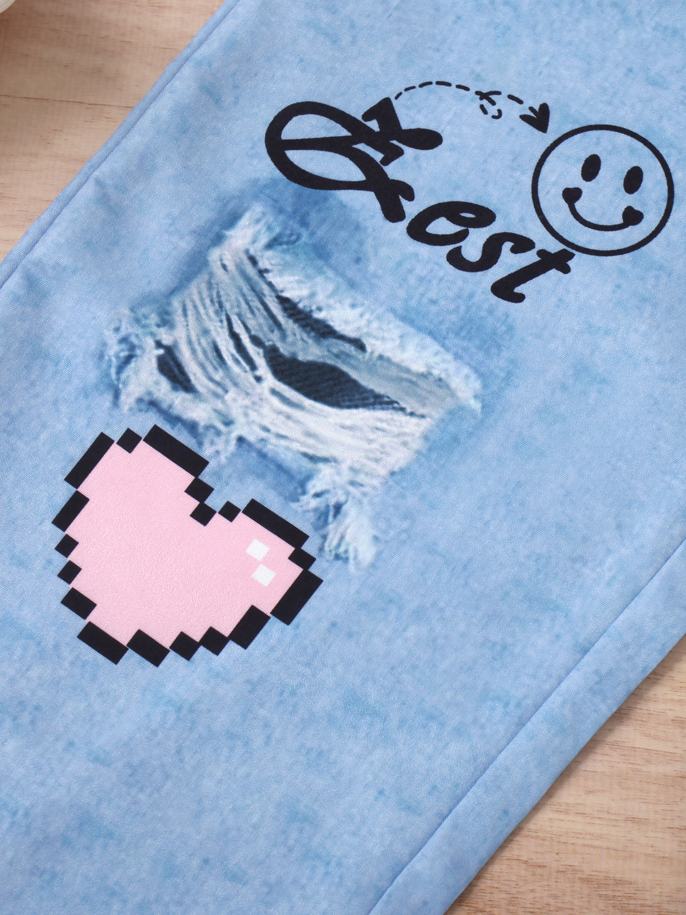 Kids' Two - piece Set: Heart - Print Top with Letter - Patterned Imitation Denim Pants