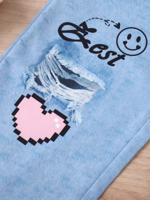 Kids' Two - piece Set: Heart - Print Top with Letter - Patterned Imitation Denim Pants