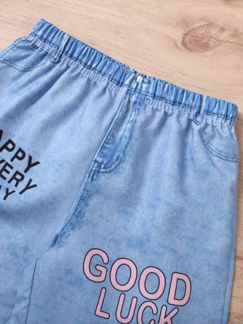 Kids' Two - piece Set: Heart - Print Top with Letter - Patterned Imitation Denim Pants