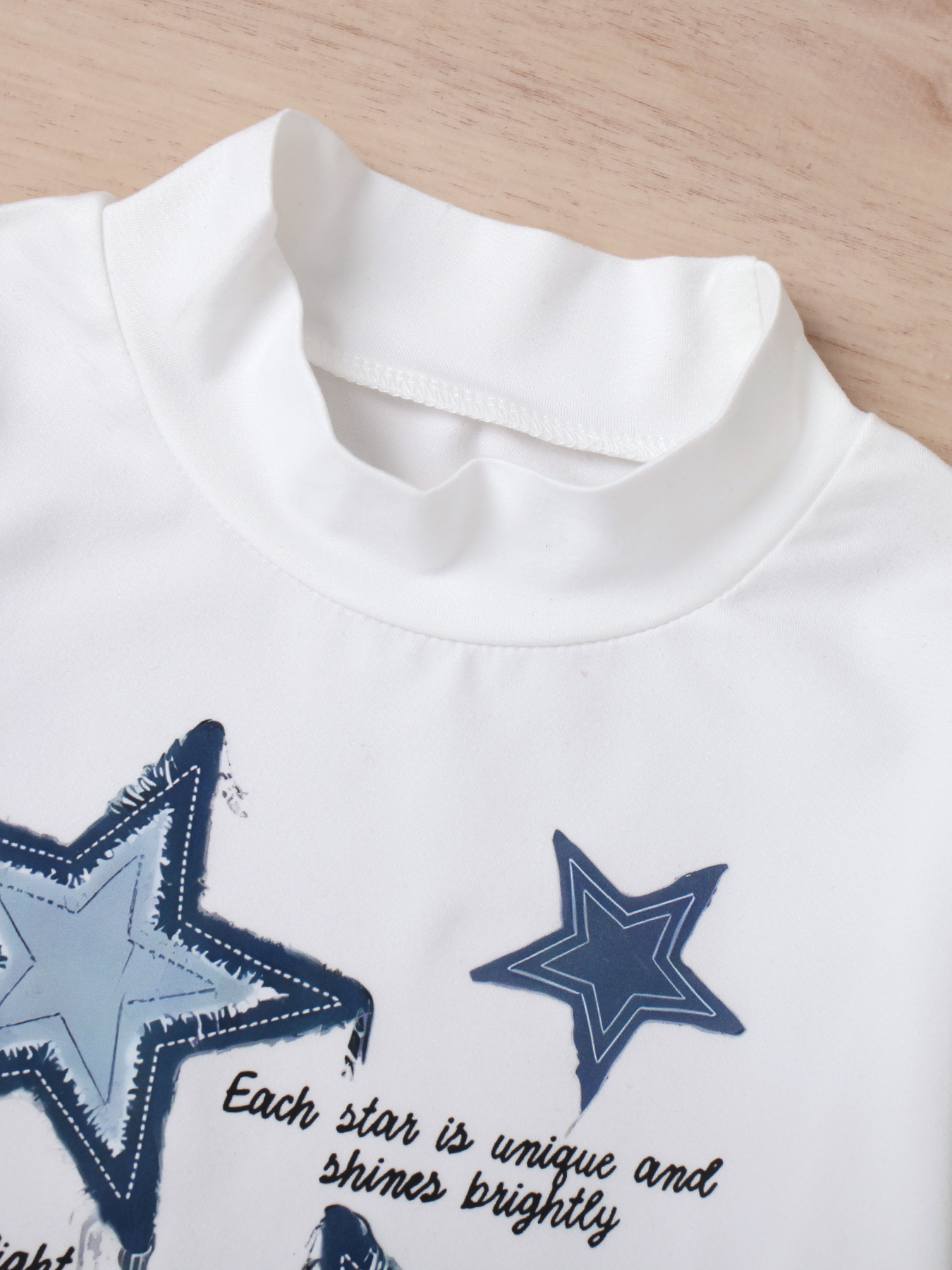 Girls' White Mock - Neck Star - Printed Top with Imitation Denim Star - Patterned Wide - Leg Pants Set