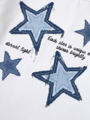 Girls' White Mock - Neck Star - Printed Top with Imitation Denim Star - Patterned Wide - Leg Pants Set