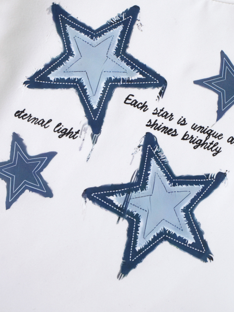 Girls' White Mock - Neck Star - Printed Top with Imitation Denim Star - Patterned Wide - Leg Pants Set