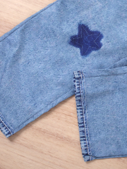 Girls' White Mock - Neck Star - Printed Top with Imitation Denim Star - Patterned Wide - Leg Pants Set