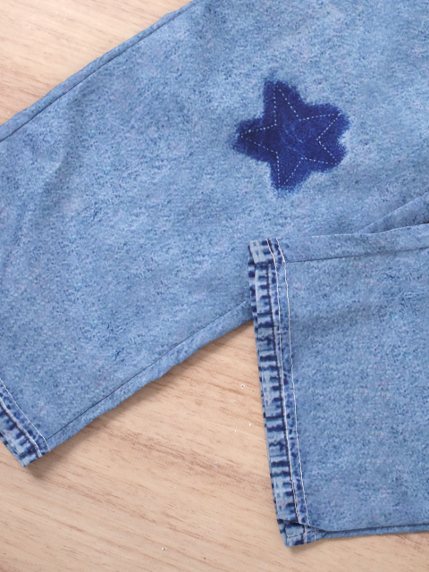 Girls' White Mock - Neck Star - Printed Top with Imitation Denim Star - Patterned Wide - Leg Pants Set