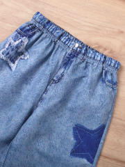 Girls' White Mock - Neck Star - Printed Top with Imitation Denim Star - Patterned Wide - Leg Pants Set