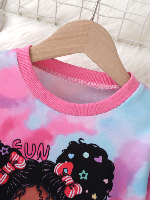 Girls' Cartoon Character Tie - Dye Hoodie with Leopard - Print Patched Jeans Se