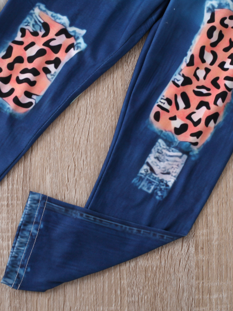 Girls' Cartoon Character Tie - Dye Hoodie with Leopard - Print Patched Jeans Se