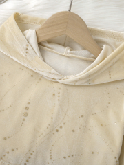 Girls' Light Gold Sequin Velvet Set: Hooded Top + Cuffed Pants, Gentle & Shiny～
