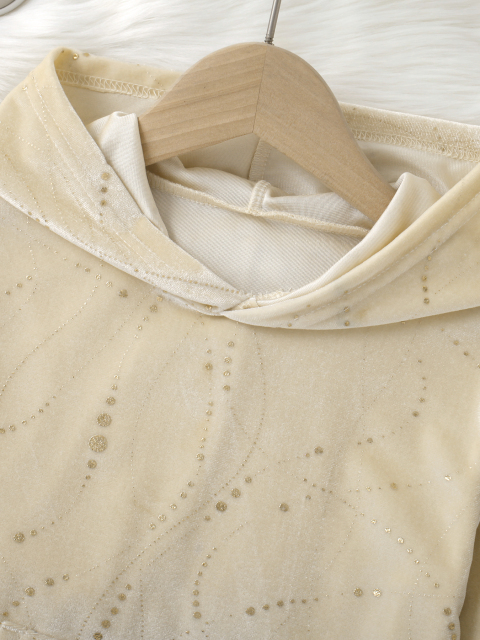 Girls' Light Gold Sequin Velvet Set: Hooded Top + Cuffed Pants, Gentle & Shiny～