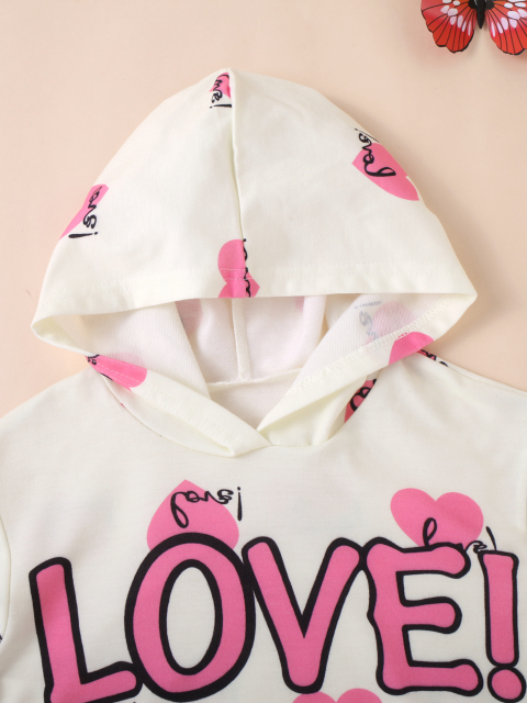 Kids' Hooded Top & Pink Pants Set with "LOVE! baby" & Heart Prints