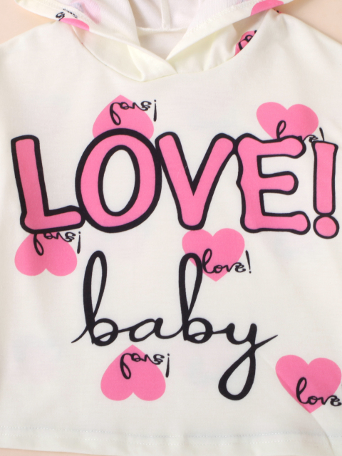 Kids' Hooded Top & Pink Pants Set with "LOVE! baby" & Heart Prints