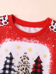 Children's Christmas - themed red top with leopard - print flared pants set