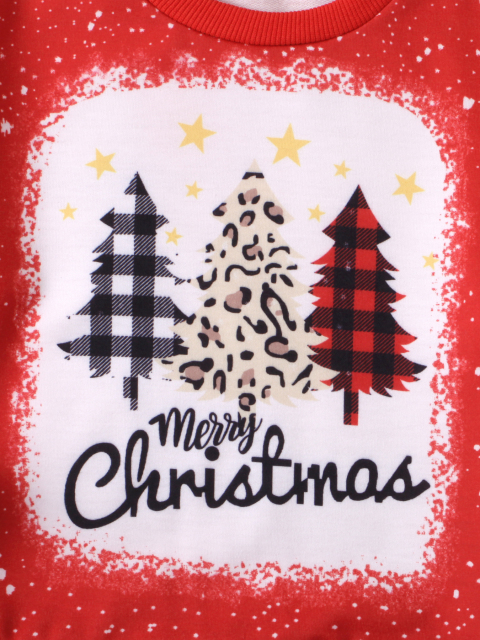 Children's Christmas - themed red top with leopard - print flared pants set