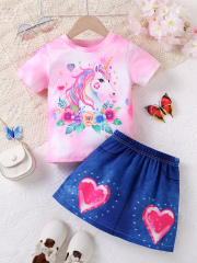 Kids' Pink Gradient Unicorn T - Shirt & Love - Patterned Denim - Textured Skirt Two - Piece Set