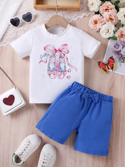 Kids' White Short - Sleeve (Ballet Shoe Pattern) & Bow - Decorated Blue Shorts Two - Piece Set