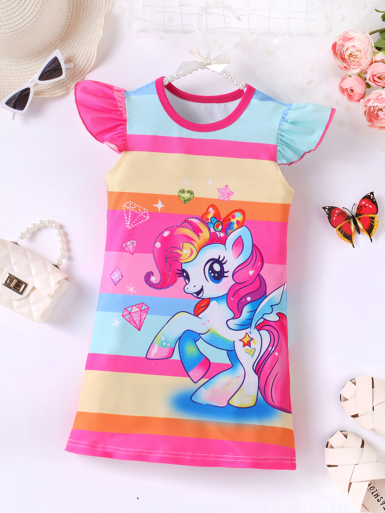 Girls' Rainbow - Striped My Little Pony - Printed Flutter - Sleeve Dress