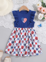 Girls' Blue Dress with Ruffled Sleeves & Heart - Shaped Flag - Printed Patchwork