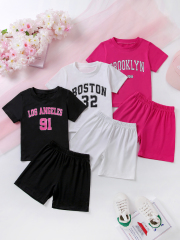 Trendy Kids' City - Themed Alphabet - Printed Short - Sleeve & Short Set (Black, White, Pink)
