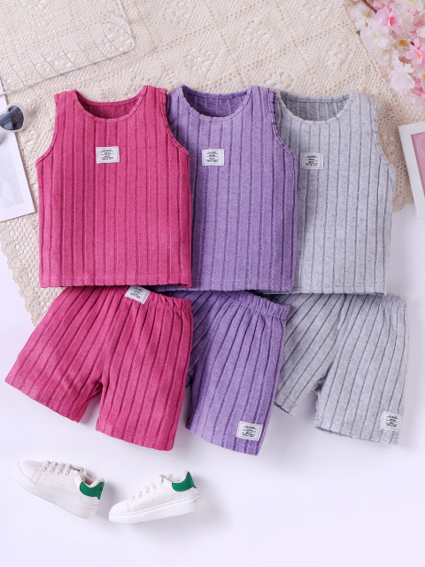 Kids' Ribbed Sleeveless Top & Short Set (Pink/Purple/Gray - Three Colors)