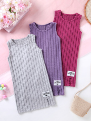 Kids' Ribbed Sleeveless Dress (Gray/Purple/Rose Red - Three Colors)