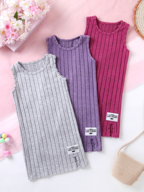 Kids' Ribbed Sleeveless Dress (Gray/Purple/Rose Red - Three Colors)