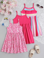 Girls' Sweet Spaghetti Strap Dress Three - Piece Set (Pink - Toned Leopard Print/Solid Color/Color Stripes)