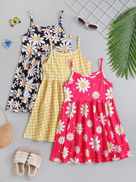 Girls' Fresh Spaghetti Strap Dress Three - Piece Set (Daisy/Checkered/Flower - Printed Styles)